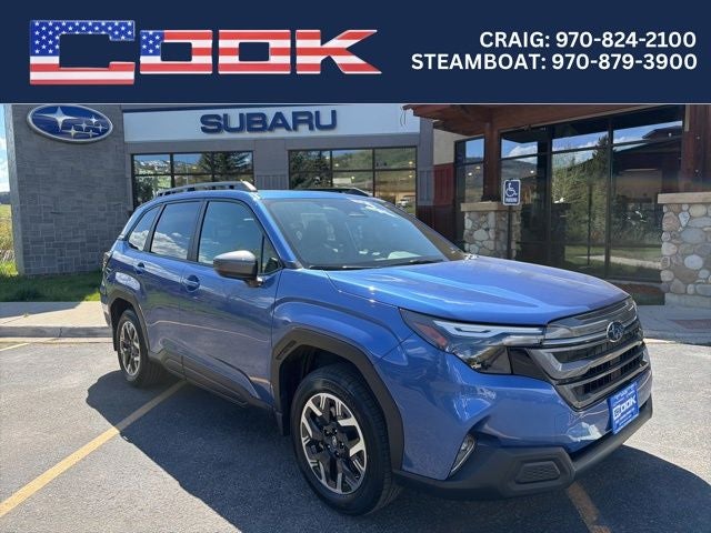2026 Subaru FORESTER Premium in Daybreak Blue Pearl — front three-quarter view