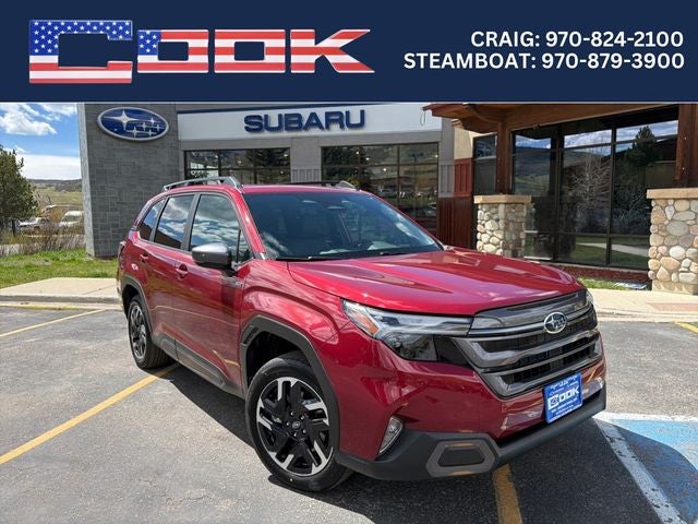 2026 Subaru FORESTER Limited Hybrid in Crimson Red Pearl — front three-quarter view