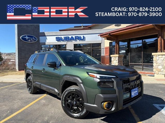 2026 Subaru OUTBACK Wilderness in Deep Emerald Green Pearl — front three-quarter view