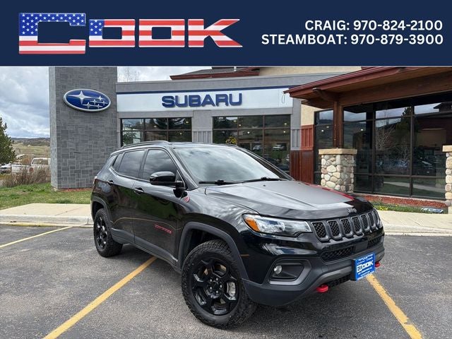 2023 Jeep Compass Trailhawk in Diamond Black Crystal Pearlcoat — front three-quarter view